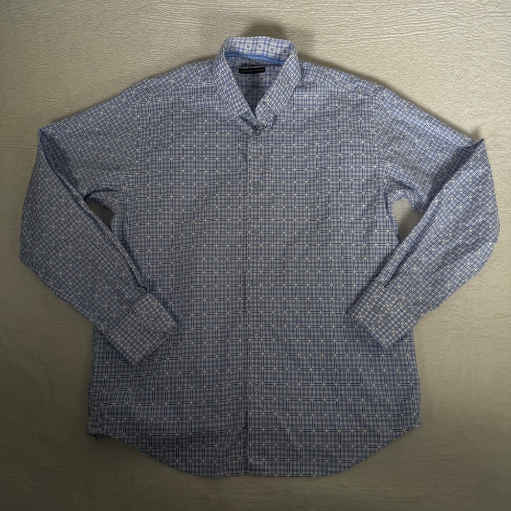 Visconti Mens Blue White Mercerized Cotton‎ Geometric Button Down Shirt Large